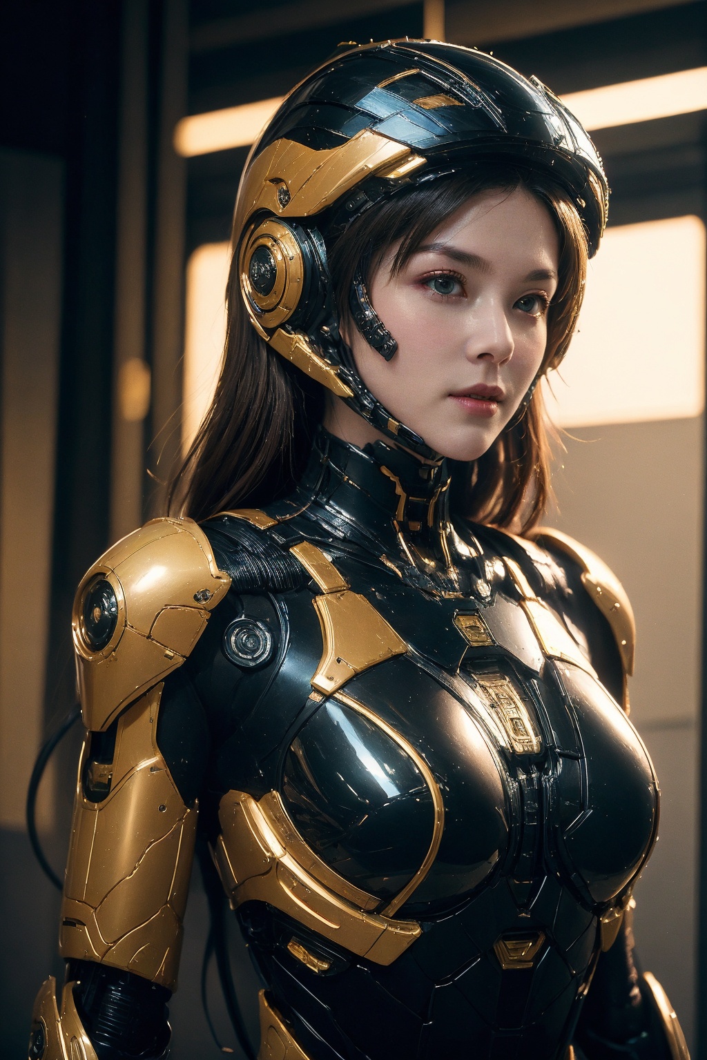 (extremely detailed:1.4),(realistic:1.4),1girl,(long hair:1.4),solo, helmet, transparent helmet, science fiction, black armor, upper body, cyborg, power armor, lips, breasts, android, realistic, robot joints, closed mouth, short hair, mechanical parts, bodysuit, looking ahead, cable