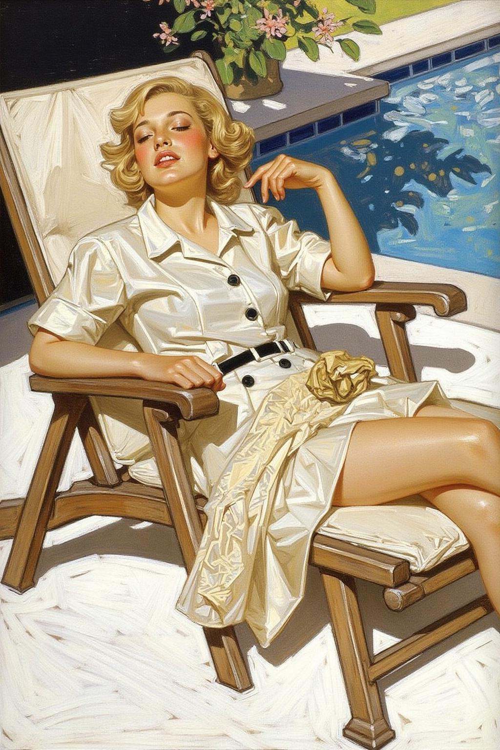 jcleyen1 painting.A blonde woman relaxing on a lawn chair by the poolside on Tensor.Art