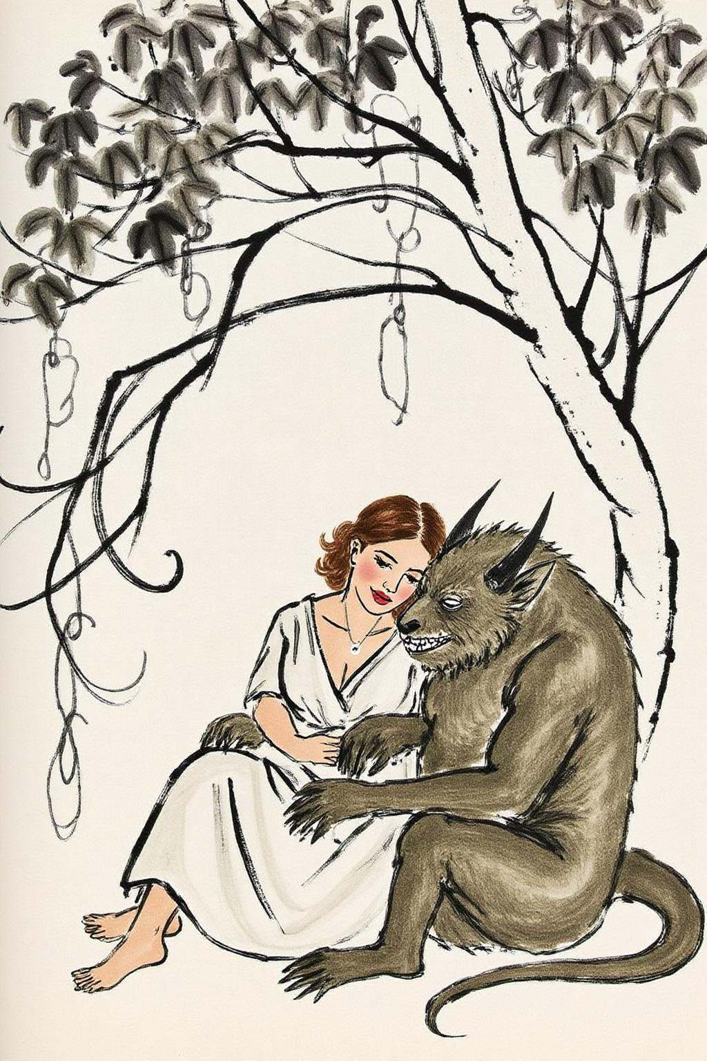 qbs1 ink wash minimalist painting.regr1 sketch A beautiful woman and a sleeping demon. The woman sits gracefully under a s...