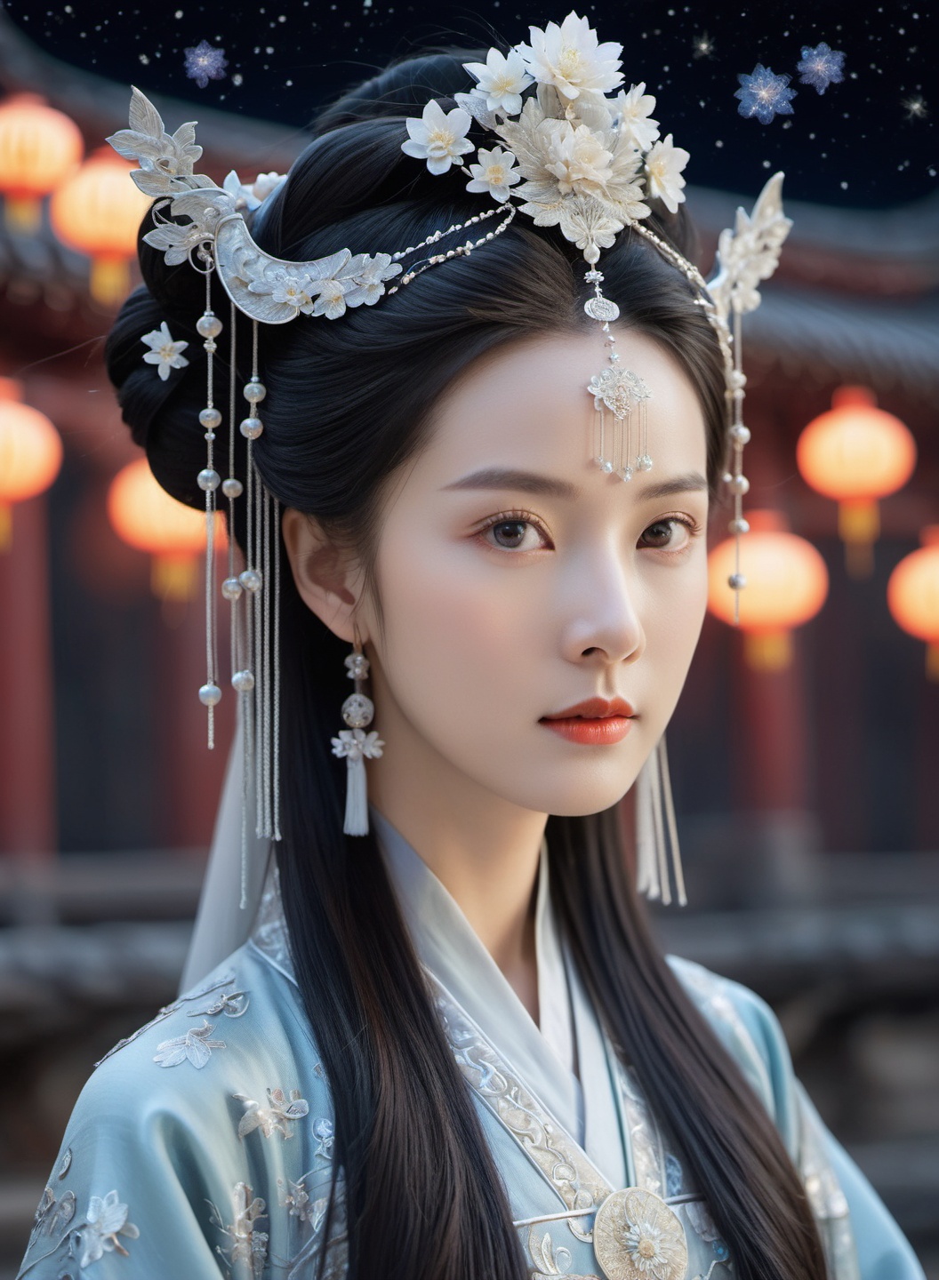 upper body,hanfu,looking at viewer,a woman dressed in a traditional chinese hanfu,set against a cosmic backdrop,the woman is adorned with a silver headpiece and her attire is flowing,with intricate patterns and designs,the environment is filled with stars,giving the impression of a night sky,the details of the hanfu,including its layers and the way it drapes,are meticulously captured,emphasizing its elegance and cultural significance,at night,the background is a starry sky,physically-based rendering,extreme detail description,Vivid Colors,ultra-fine painting,