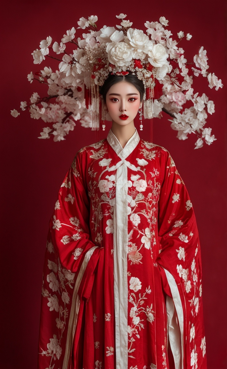 1girl, solo, red lips, flower, looking at viewer, hair ornament, red background, earrings, black hair, jewelry, makeup, floral print, branch, lipstick, chinese clothes, hair flower, long sleeves, red dress, korean clothes