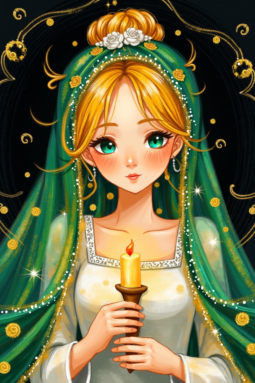 SK,SK,colorful,mineral,Illustration style, frontal composition, close-up composition, oil painting texture, green with gold, a girl wearing a green embroidered veil, with her hair in a bun, and a white wedding dress. In the picture, the girl has golden hair and blue-green eyes, holding a candle with a candlestick in her hand, the picture is dim, the background is black, gold foil, gold foil texture, panoramic composition