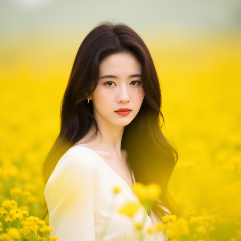 Photography,orange-yellow tones,1girl,solo,looking at viewer,upper body,white dress,rape flowers,flower sea,yellow flowers,depth of field,blurry background,XianNv,XiaoJu,