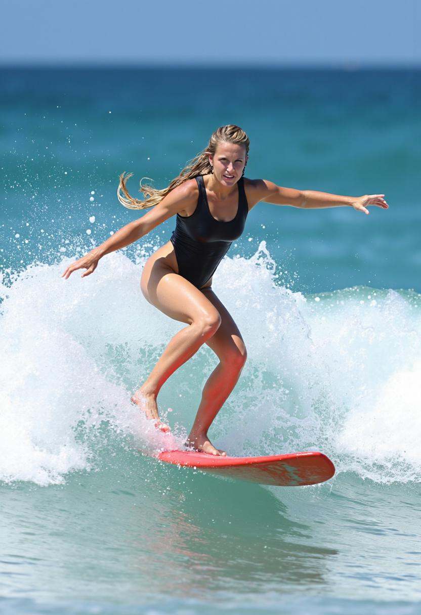 This is a high-resolution photograph capturing a dynamic moment of a female surfer riding a wave. The woman,  with light s...