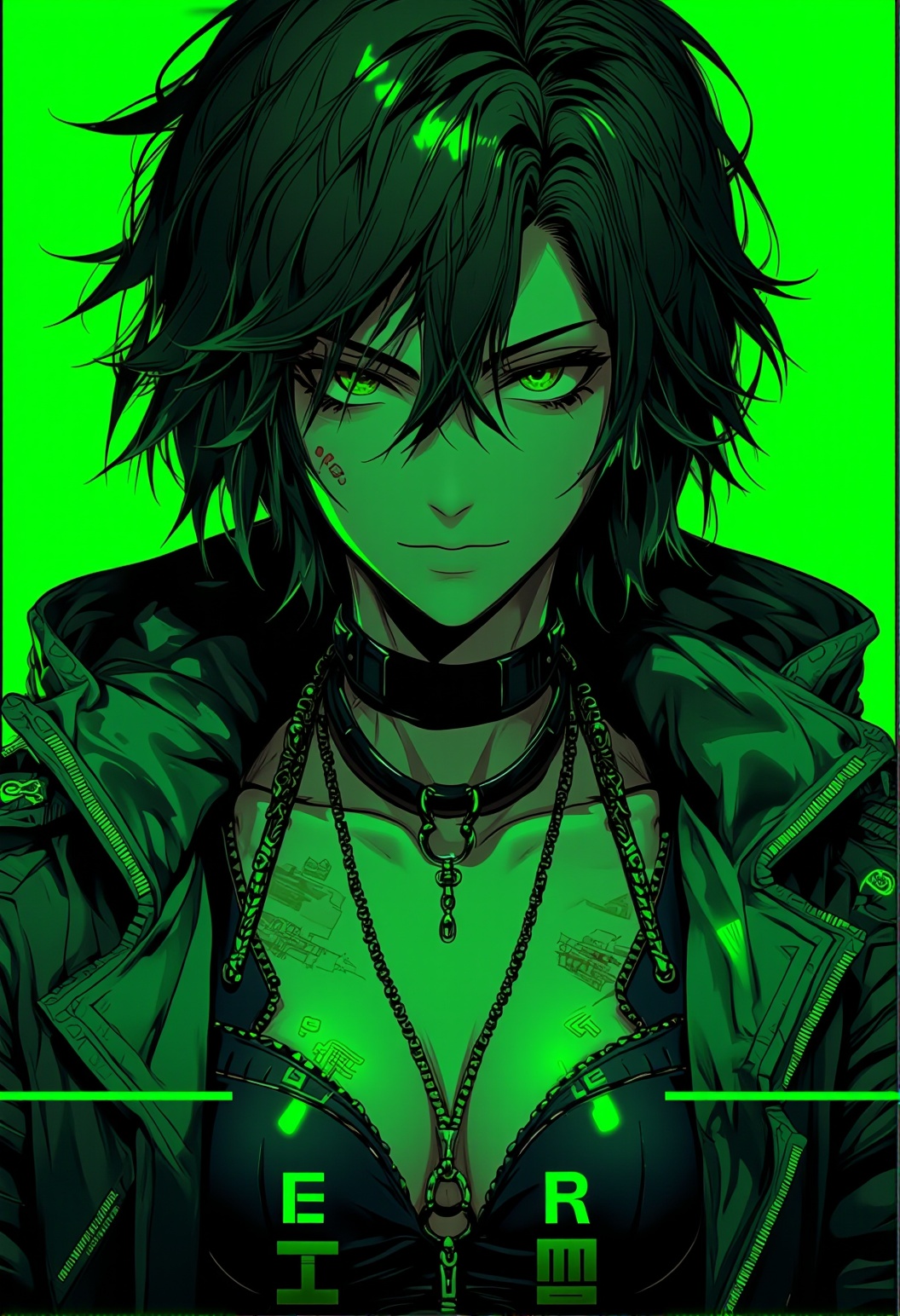 In the style of anime,  a stunning young womanin front of a solid acid green background,  (with the text "Neon Art Style"...