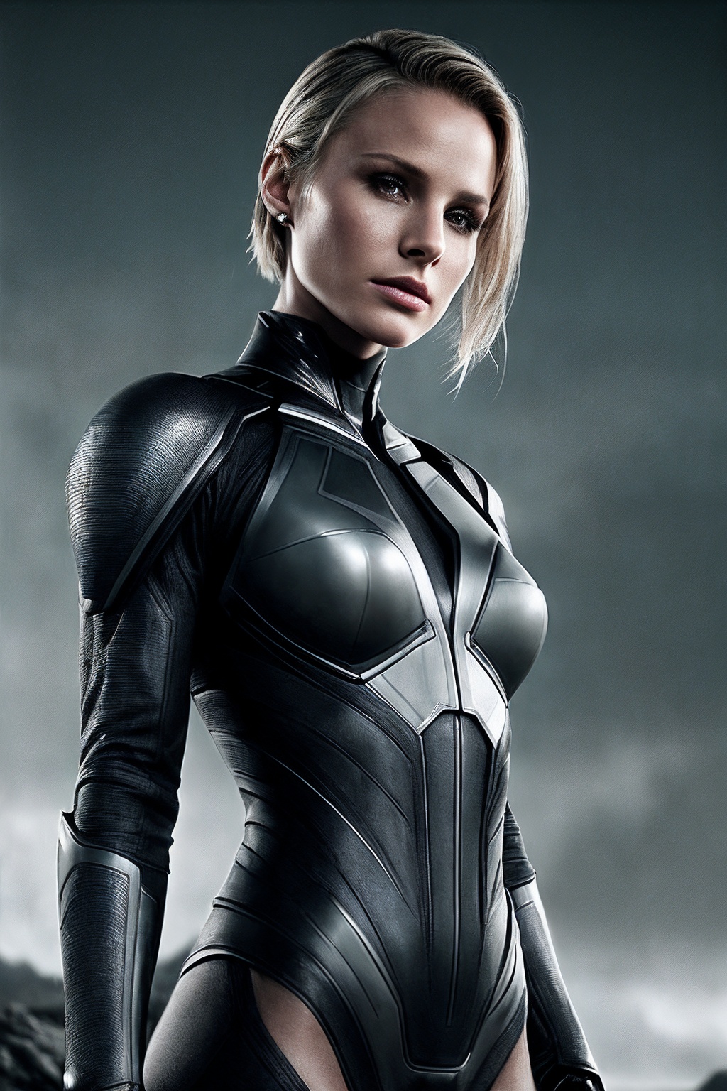 KristenB_SoloTI_v1,  (In a form-fitting,  metallic bodysuit with sleek lines on Tensor.Art