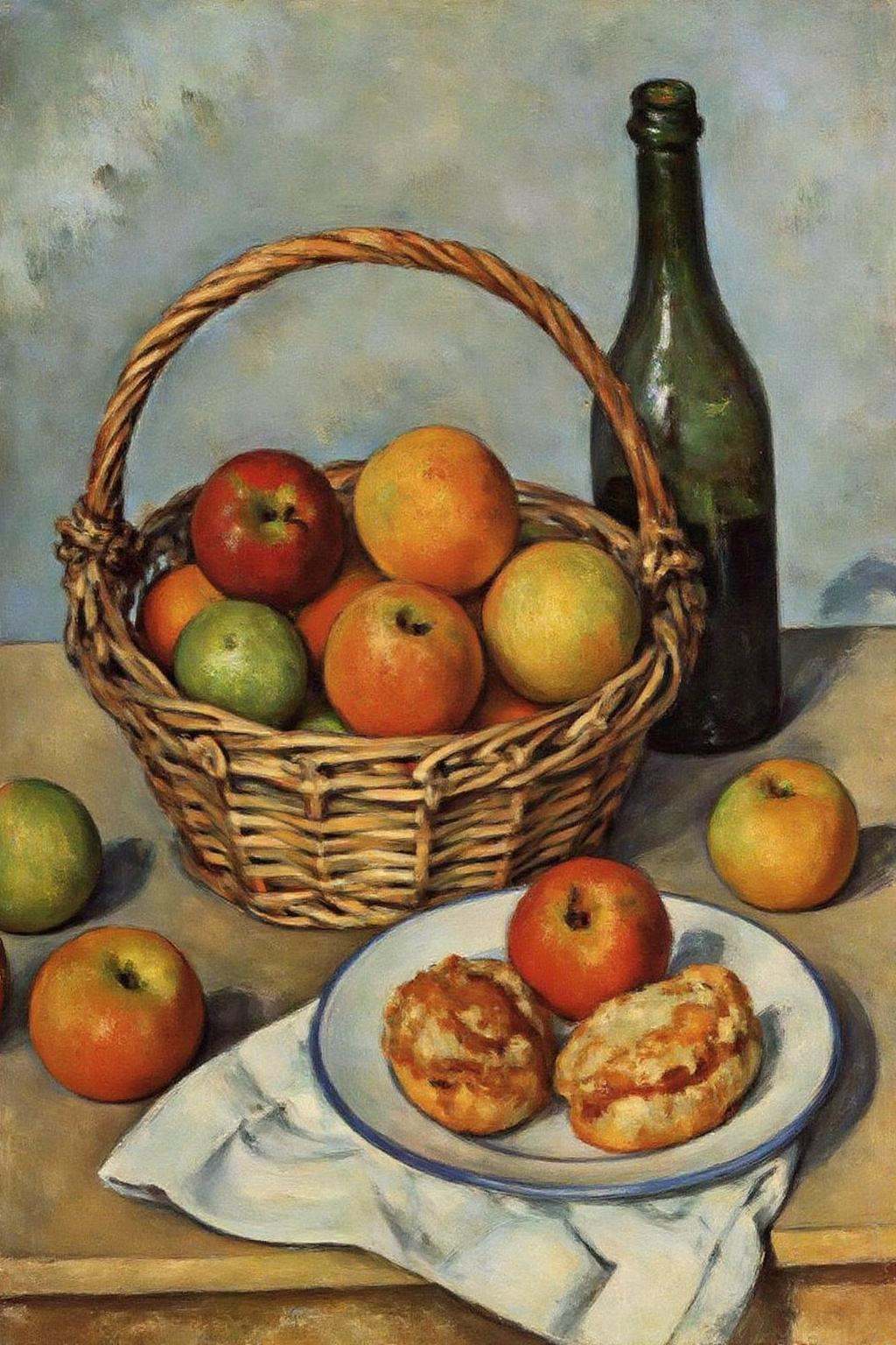 pau1cez painting. A still life composition set against a muted,  light blue background. The main subject is a wicker baske...