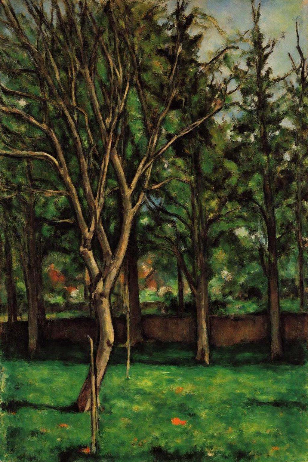 pau1cez landscape painting.The scene depicts a serene,  verdant forest dominated by a tall,  slender tree with a twisted t...