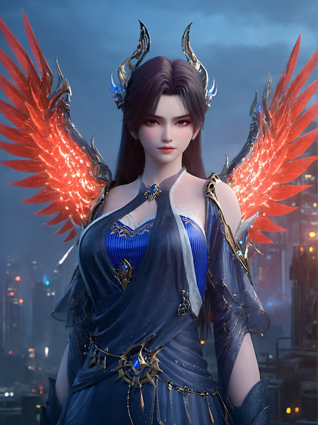ethereal fantasy concept art of  1girl,solo,long hair,c earrings,c hair ornament,closed mouth,light frown,makeup,eyeshadow,((gigantic breasts)),((mecha_musume)),machinery,mechanical arms,((glowing heavy mechanical machine armor)),standing,(looking at viewer),outdoors,cyberpunk cityscape,dim lighting,red blue glowing laser,(machine phoenix wings),cool screen effects,fashion photography,unique perspective,dynamic fuzzy,dynamic pose,cowboy shot,depth of field,Highly detailed,(ultra-detailed),(best quality:1.5,masterpiece:1.5),<lora:caoying (12):1>, . magnificent, celestial, ethereal, painterly, epic, majestic, magical, fantasy art, cover art, dreamy