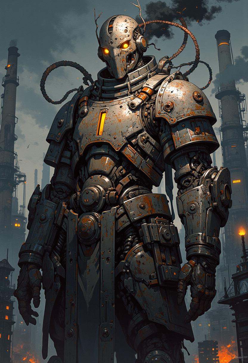 Anime,  Dieselpunk entity clad in heavy,  oil-slicked metal armor on Tensor.Art