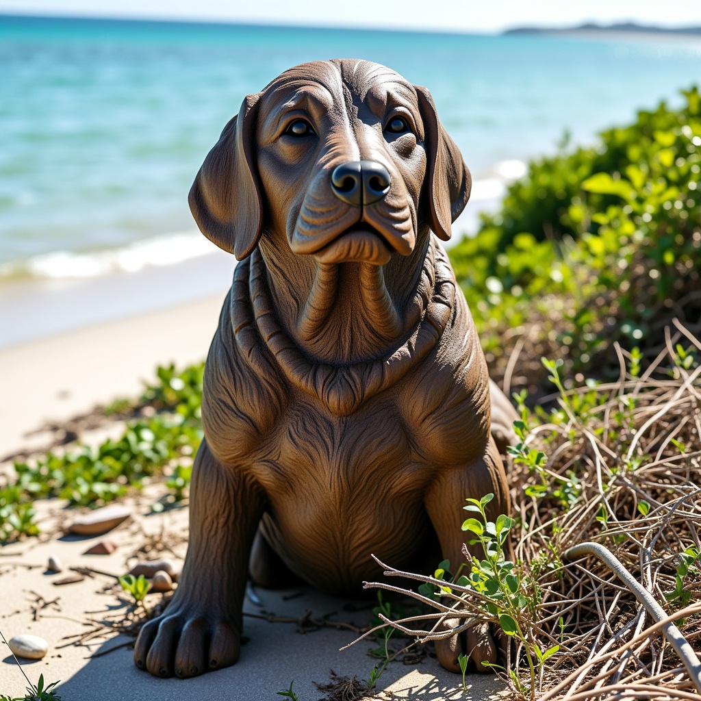 Cinematic,  dreamlike lighting,  gods rays on a derelict carved wooden old rust dog made of driftwood on Tensor.Art