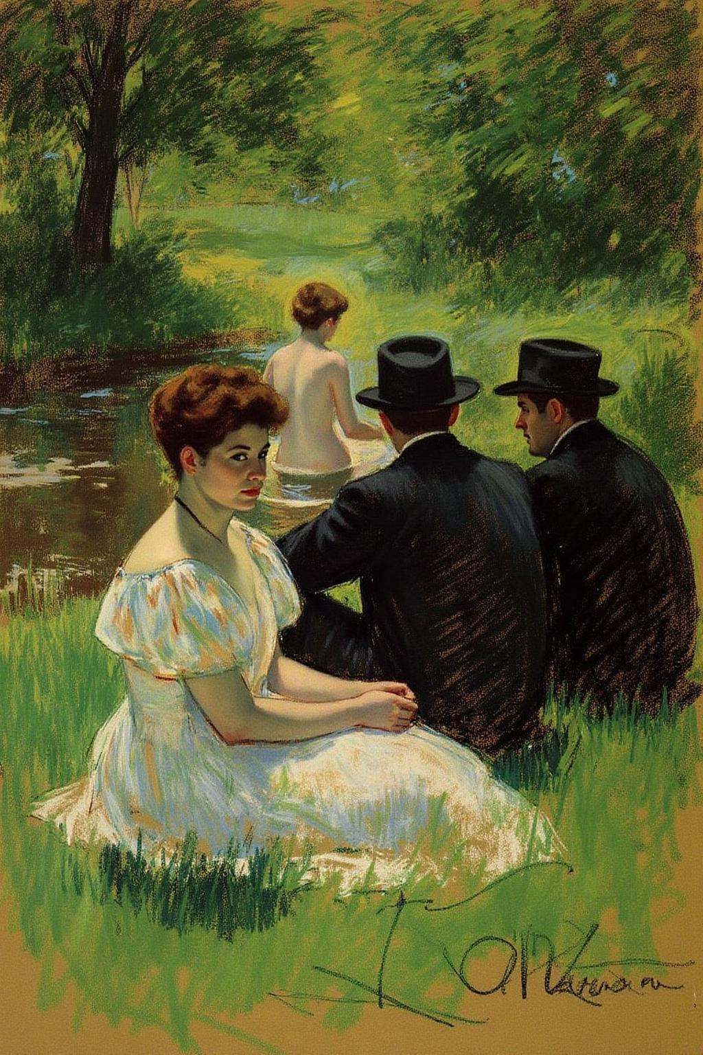 marycassatt2 drawing.A picnic scene set in a lush,  green woodland clearing. On the left is a woman,  shown in side profil...