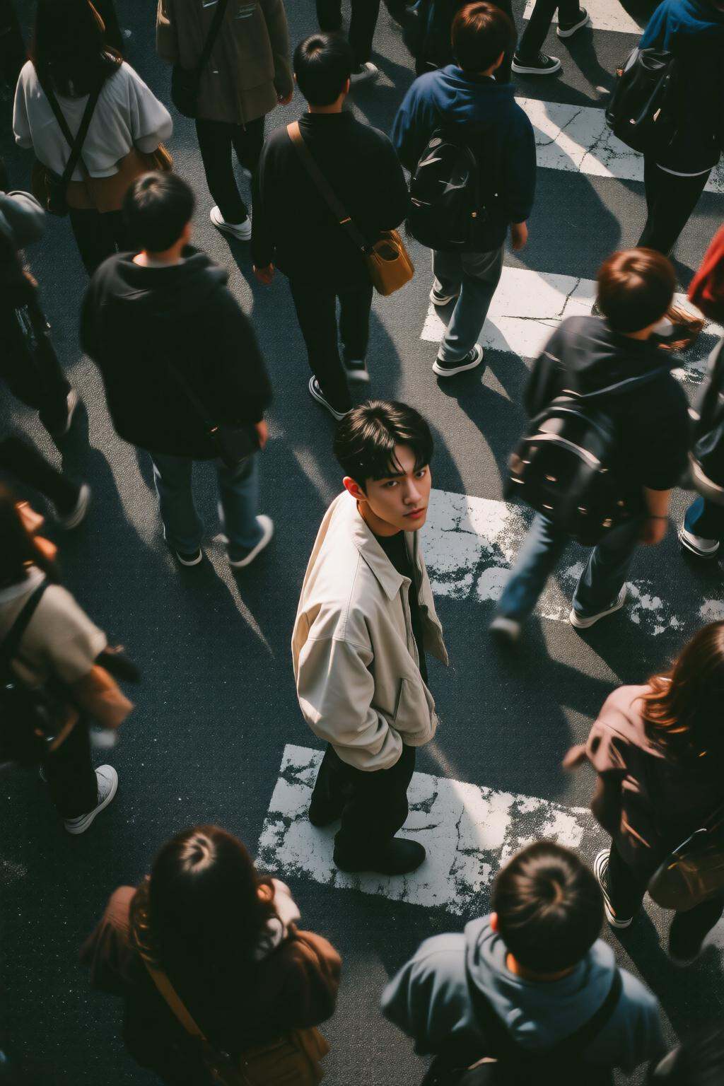 midjourneyhighangle13q High angle view. A bustling urban scene with a crowd of people walking in various directions. The f...