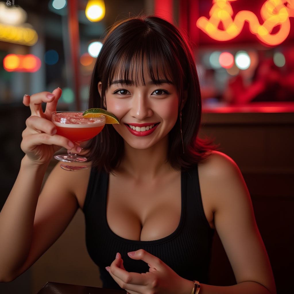 Photorealistic image of a woman,  "A woman with a mischievous smile raises her glass in a toast,  her eyes sparkling with...