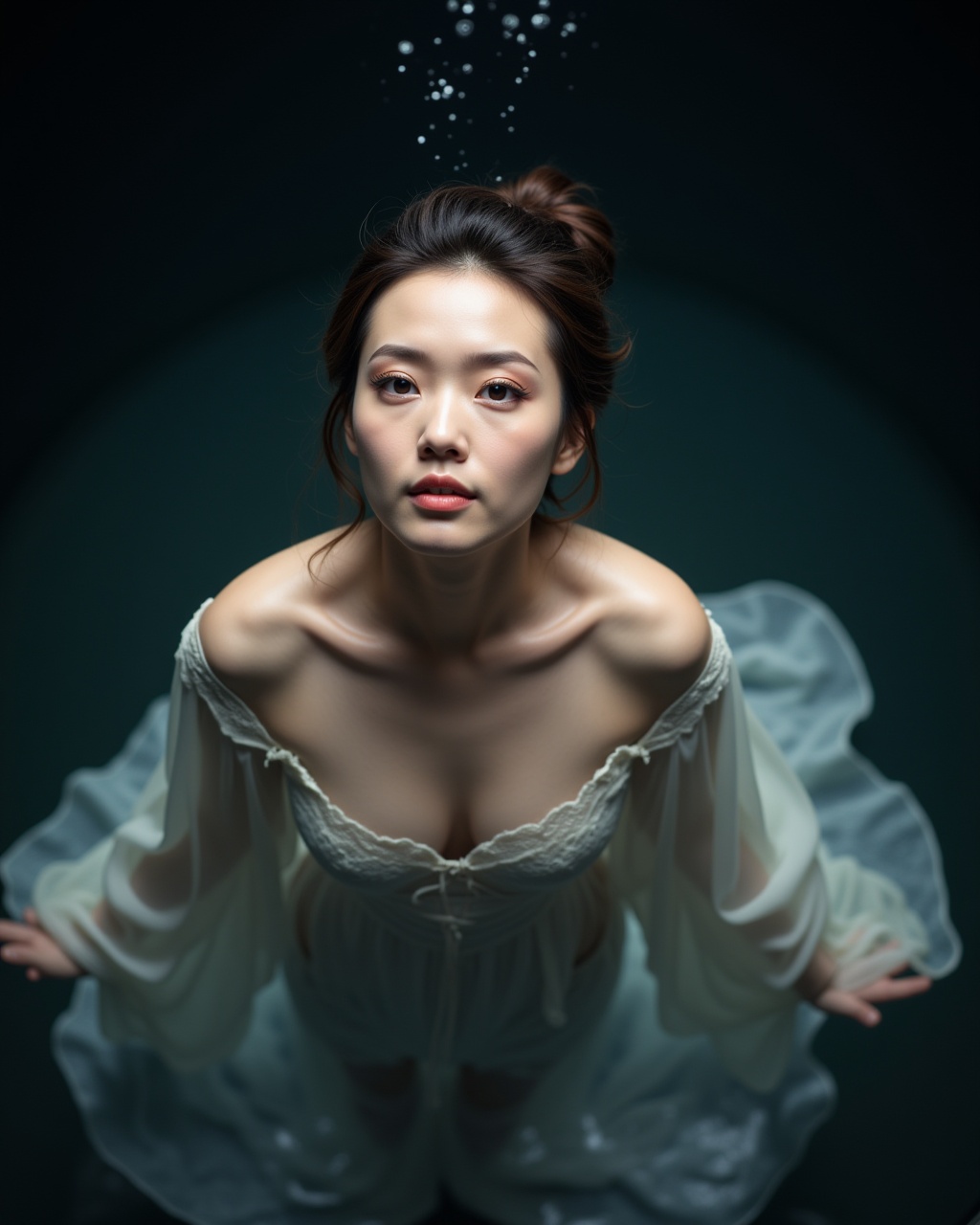 a woman in hanfu,  standing in the water,  a beam of light on her face on Tensor.Art