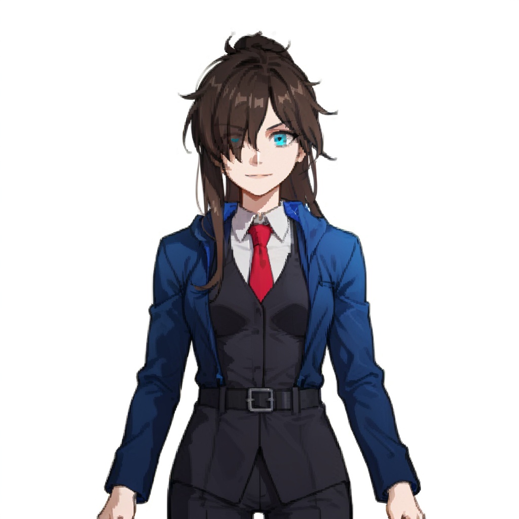 (white background:1.2),looking at viewer,(SOLO:1.4),outline,simple background,upper body, cowboy shot,looking at viewer,(((arms at side))),    wraith,necktie,long hair,brown hair,hair over one eye,ponytail,long sleeves,white shirt,bartender,pants,belt,shirt,red necktie,blue jacket,blue eyes,hood,jacket,<lora:wraith-weiyi-pony:0.8>