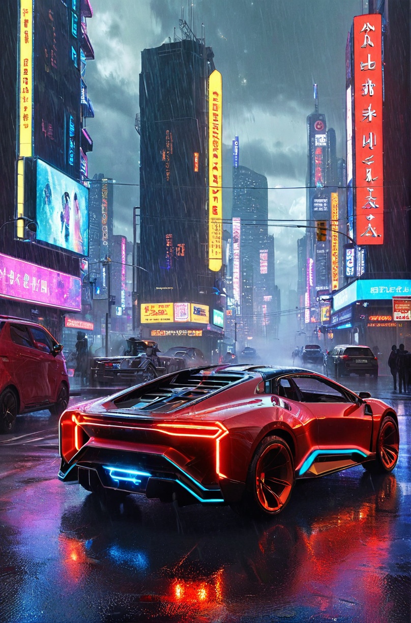 (masterpiece:1.3),best quality,(official art:1.3),(A future mechanical car:1.2),Facing the lens,On urban streets,Surrounded by urban buildings,(Light rain:1.3),The background is starry sky,(Stage smoke:1.1),A dark and mysterious atmosphere,surrounded by light signs,neon lights,large screen,rich details,(the whole body:1.3),light strips,reflective materials,glass,cyberpunk std,c4d,8K,a sci-fi city with mushrooms as the main element,<lora:aki-未来城市-000008:0.8>,