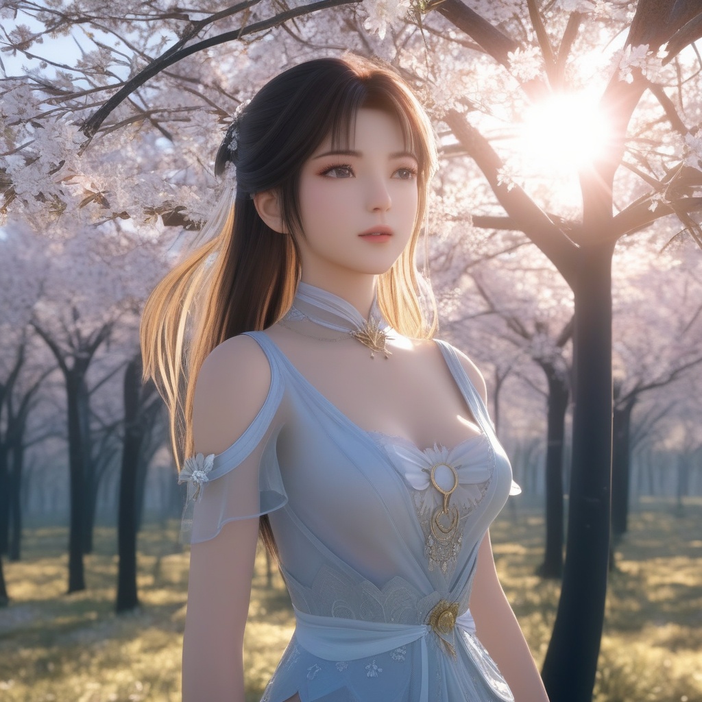 <lora:834-DA-XL-诛仙-碧瑶:0.8>, (,1girl, ,best quality, ),,  ,, ultra realistic 8k cg,,masterpiece, (( , )), fiction,mole,  ,     ,see-through, lace, (cleavage),, (((, solo, sun, , bare_tree, )))