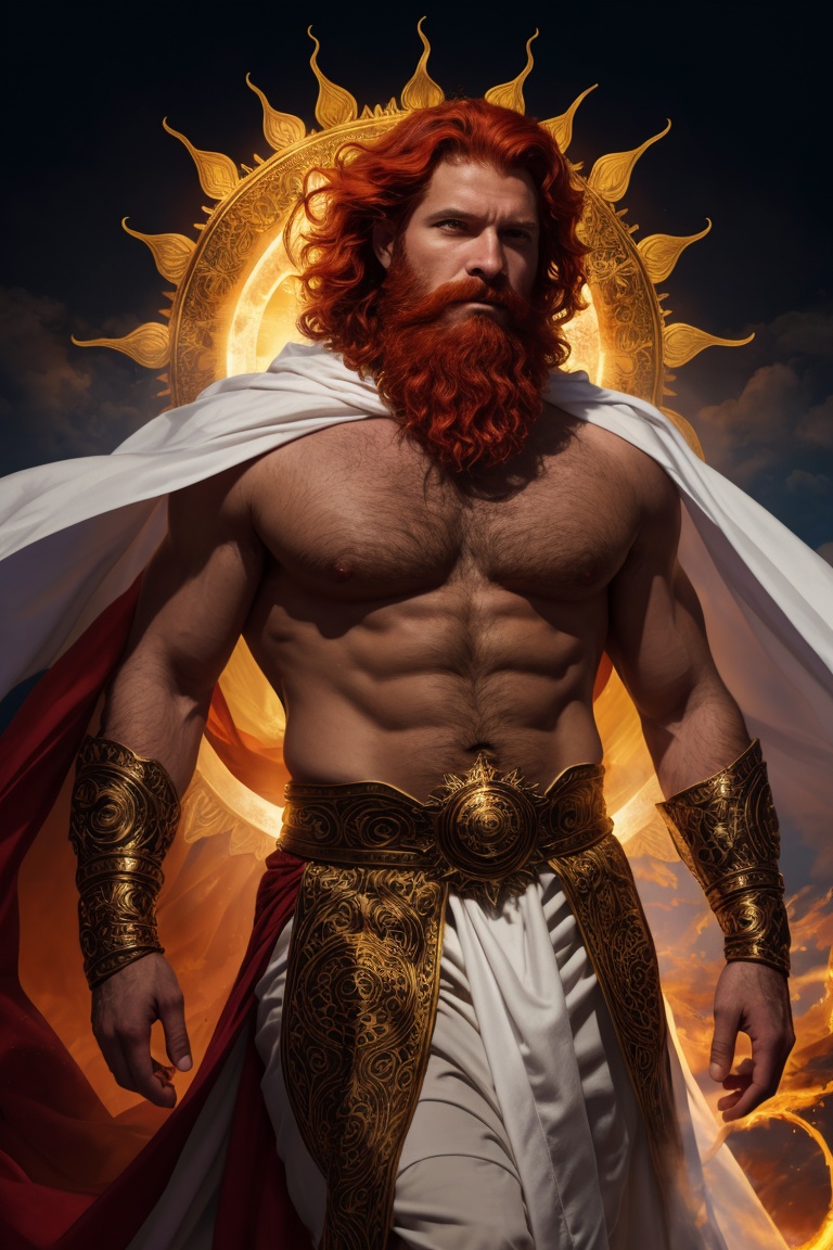 face portrait of Helios the god of the sun shrouded in mysterious waves of light in the sky,  radiant crown,  wearing open...