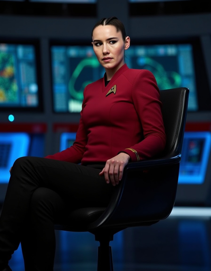 In a futuristic starship bridge setting,  a woman in a red command star trek uniform sits confidently on a sleek,  modern...