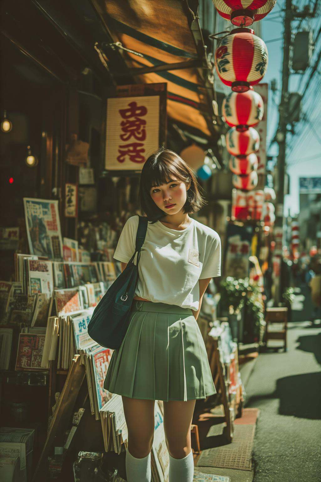 midjourneyanalog9 photograph.A 1980s Japanese schoolgirl stands on a street in a Japanese urban area,  facing the viewer d...