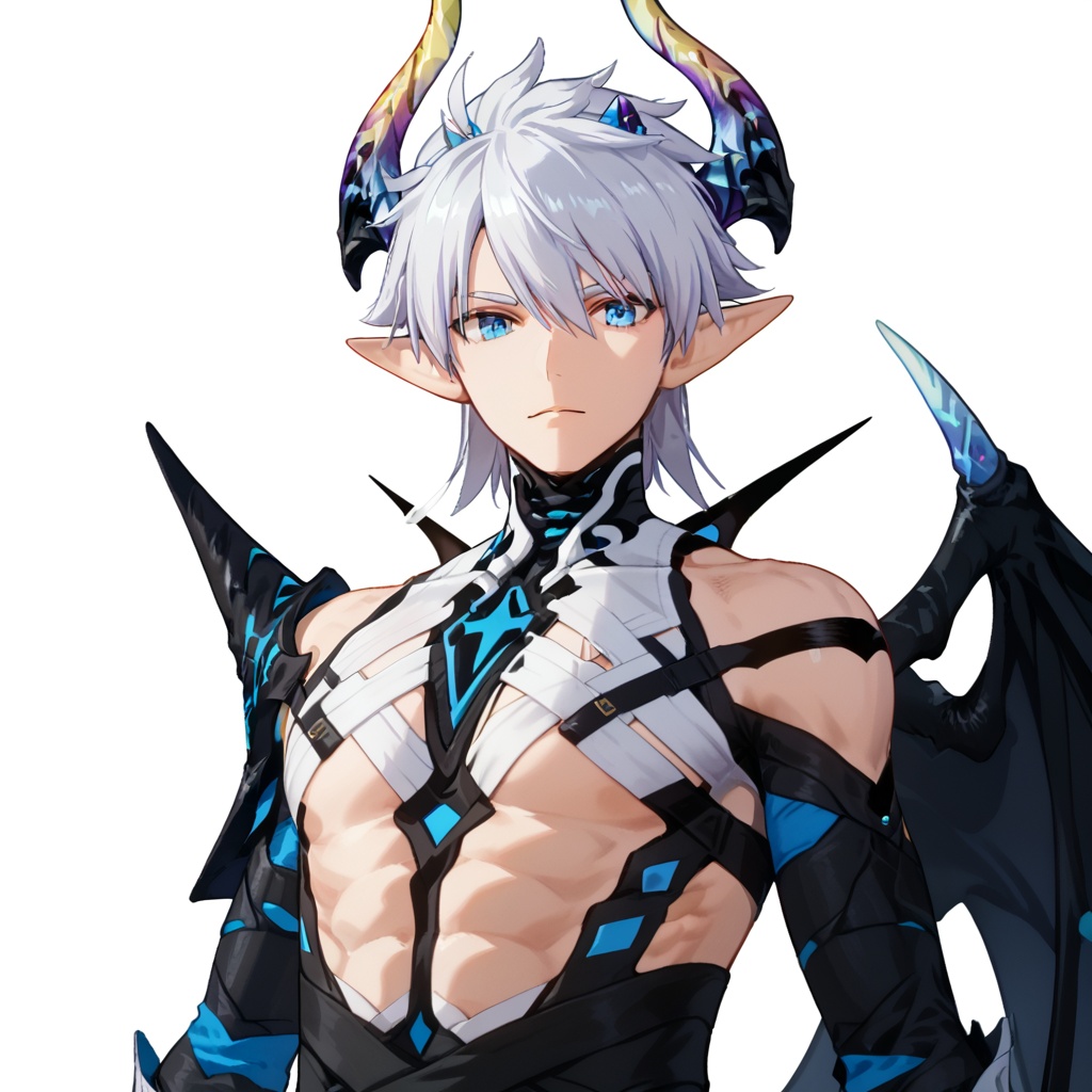 (white background:1.2),looking at viewer,(SOLO:1.4),outline,simple background,upper body, cowboy shot,looking at viewer,(((arms at side))),  kevin,1boy,male focus,blue eyes,white hair,silver hair,bangs,hair between eyes,pattern on hair,shoulder armor,dragon tail,demon tail,demon horns,ahoge,face,armor,tail,blue horns,dragon wings,demon wings,thick eyebrows,pointy ears,muscular,horns,bare shoulders,<lora:kevin-bengluo-pony:0.8>