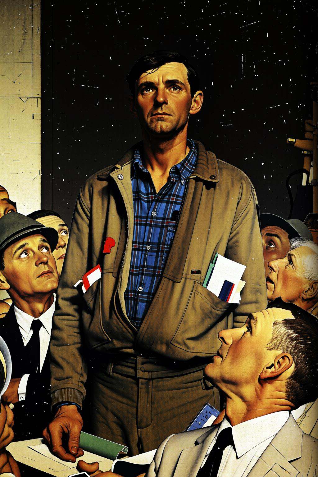 normanrockwell2q illustration.A man is standing in a crowded room,  wearing a worn beige jacket with a blue and red plaid...