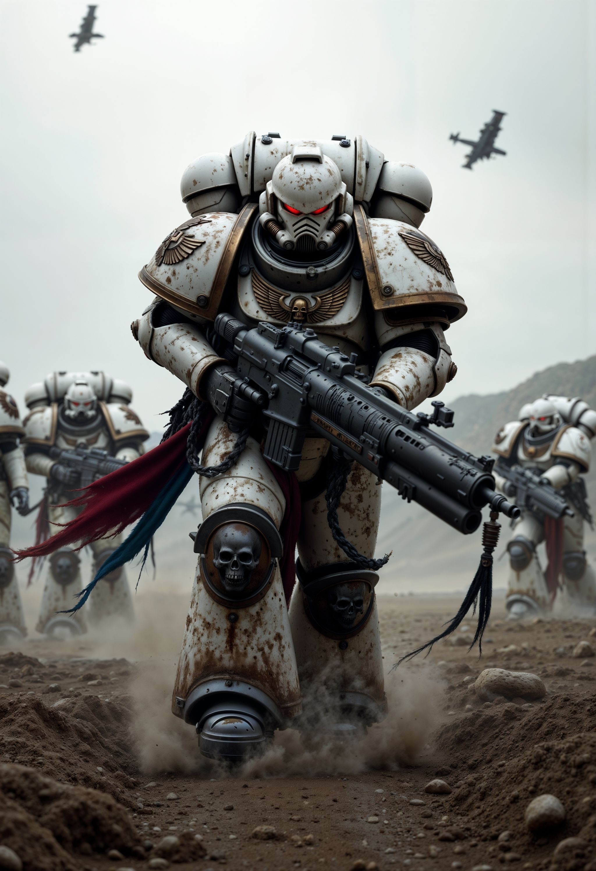 WhiteS40K,  large space marine holding a machine gun and walking in a battlefield with an army behind him on Tensor.Art