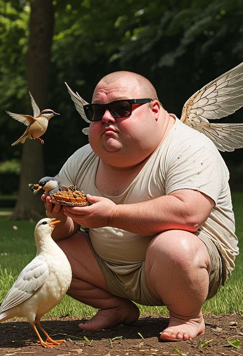blankmj 40 yo chubby Dude with sunglasses and tiny princess wings feeding birds in a park,  raw,  scribble on Tensor.Art