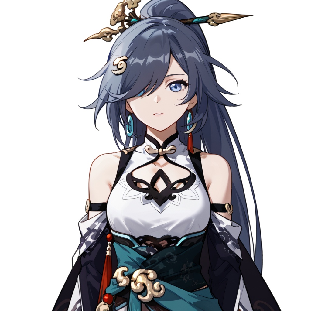 (white background:1.2),looking at viewer,(SOLO:1.4),outline,simple background,upper body, cowboy shot,looking at viewer,(((arms at side))),  fu hua, fu hua mangaver, long hair, ponytail, bangs, hair ornament, blue eyes, hair over one eye, jewelry, earrings<lora:yunmo-manga-pony:0.8>