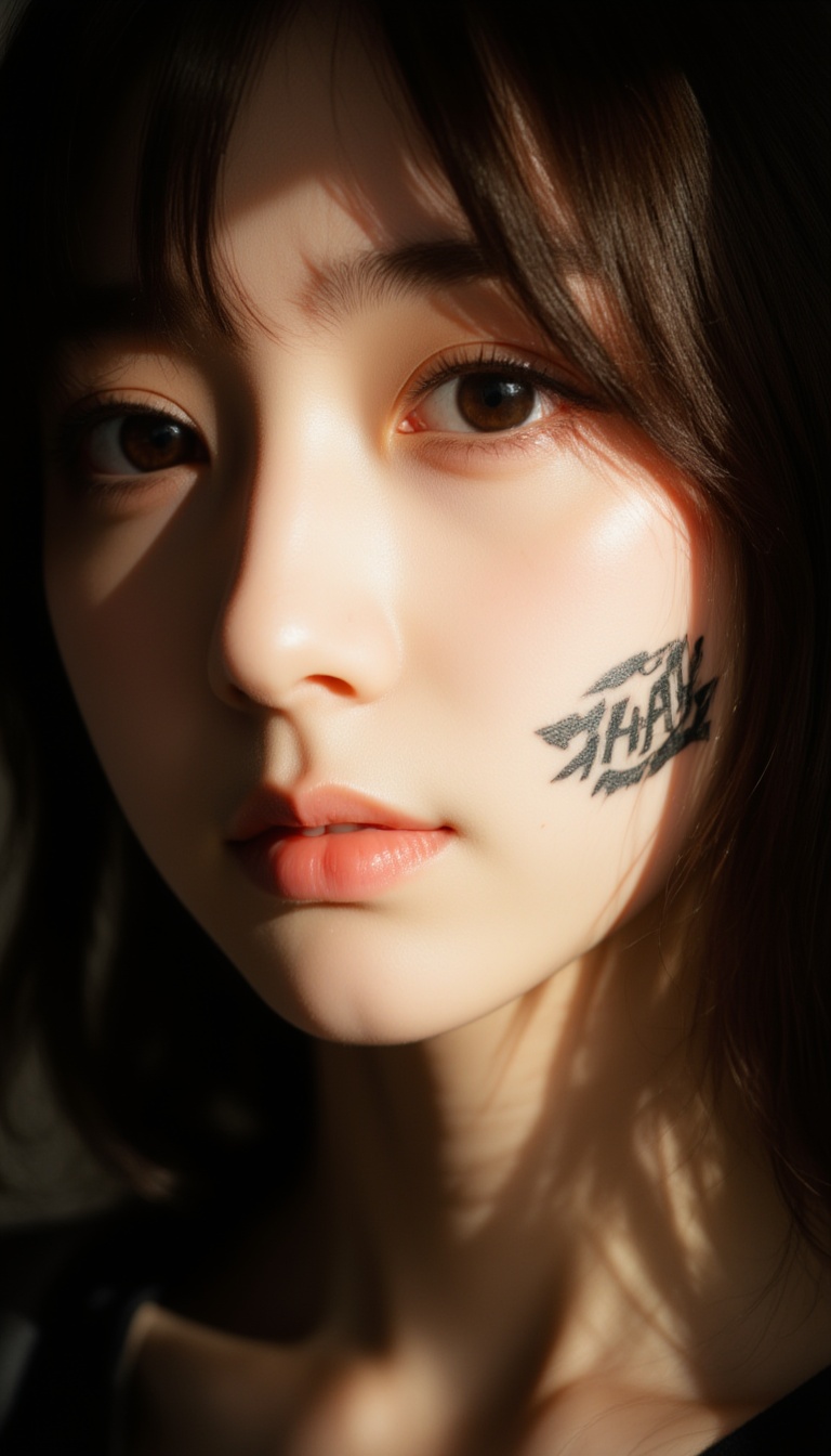 Close-up shot of a Japanese girl with rich brown hair,  "Max-Mix ASIAN" stylish tattoo on cheek,  illuminated by warm sunl...