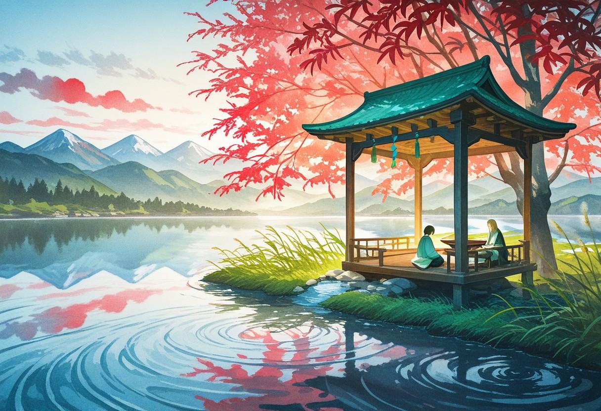(morning light over mountain lake),  mirror-like water reflecting crimson clouds and verdant mountains,  clumps of reeds a...