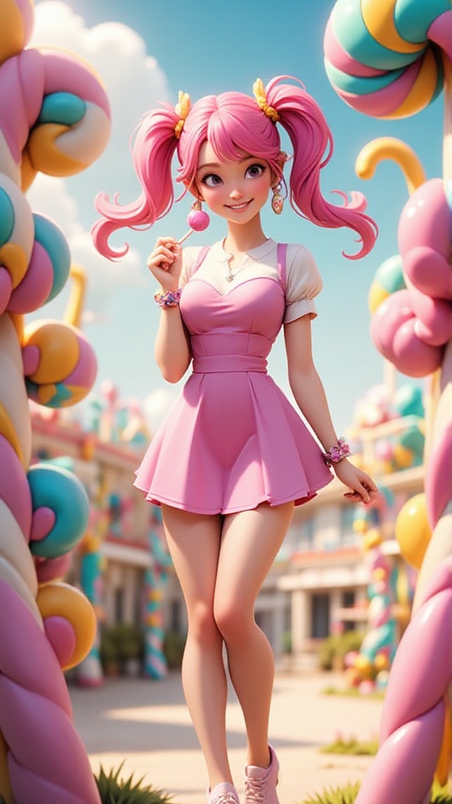 3d,  pixar style,  A whimsical shot of a young woman standing amidst vibrant candy canes and gumdrop trees in Candy Park....