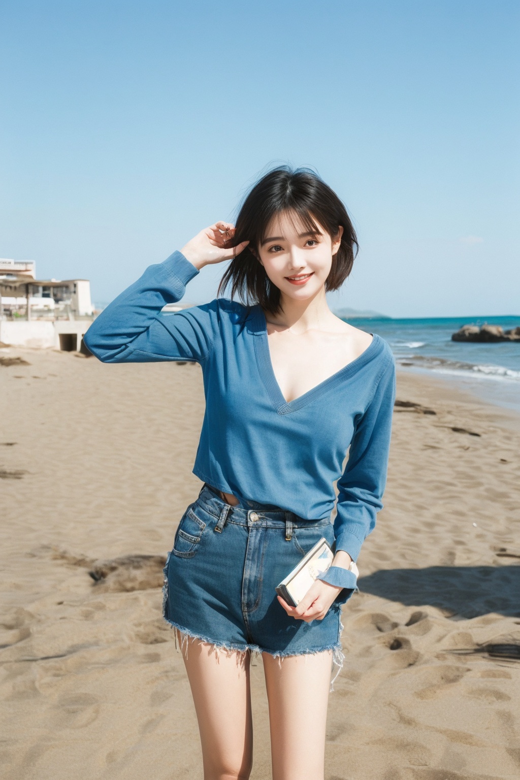 woman, smiling, Asian ethnicity, beach setting, daytime, casual clothing, denim skirt, blue long-sleeve top, trees, sand, clear sky, sunshine, friendly pose, standing, young *****, medium-length hair, holding book, natural makeup, relaxed posture