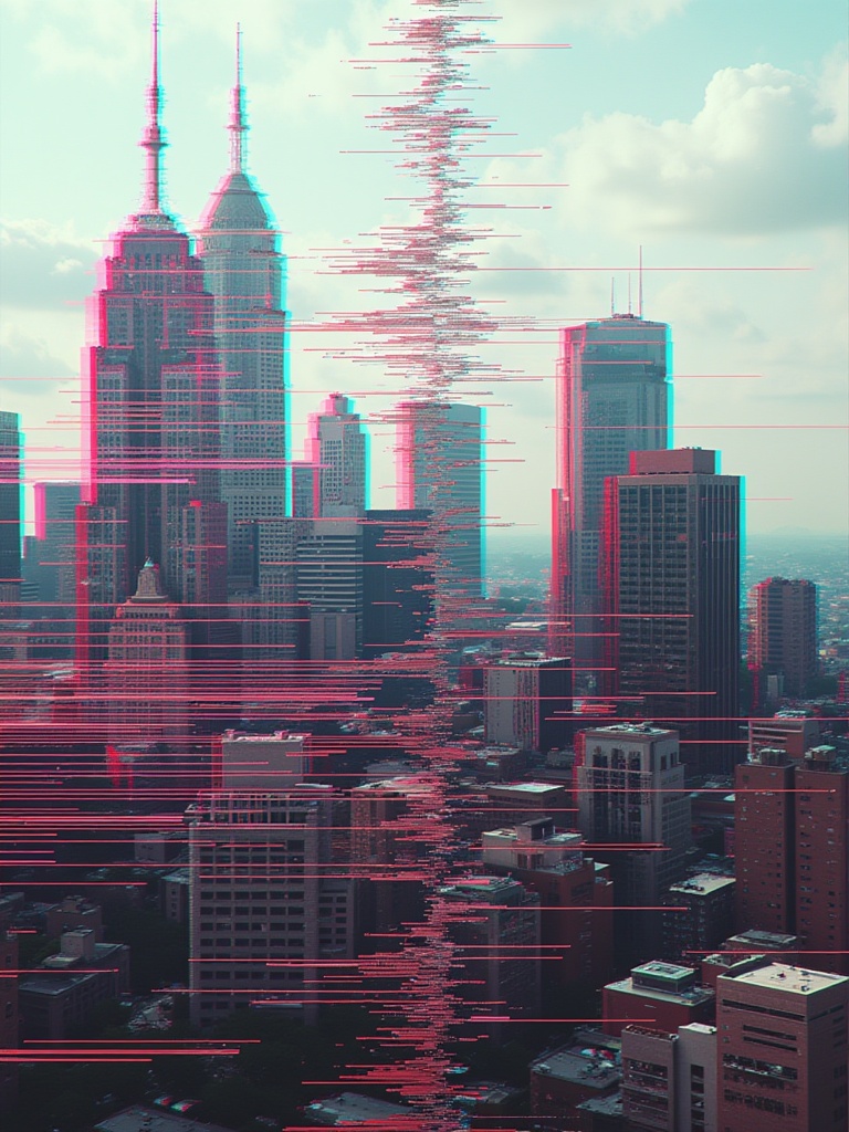 A heavily glitched photograph of a cityscape glitched with an abstract texture. gl1tchc0re on Tensor.Art