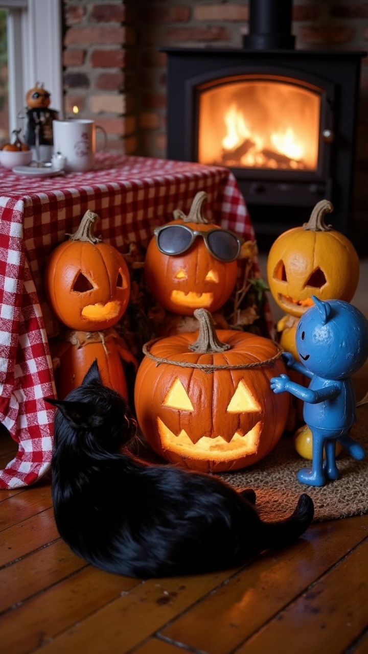 a group of colorful figures dressed in brightly colored costumes gather around a large wooden pumpkin patch. The scene is...