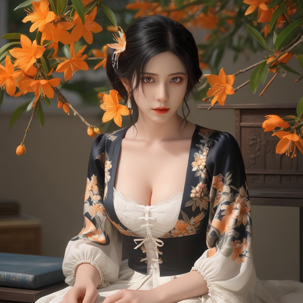 (,1girl, ,best quality, ),,  ,ultra realistic 8k cg,, ,masterpiece, (( , )),, ,      ,  orange blossoms,  (cleavage),,  (), ,(sit), <lora:823-DA-XL-国模-恶女-VIVI:0.8>,