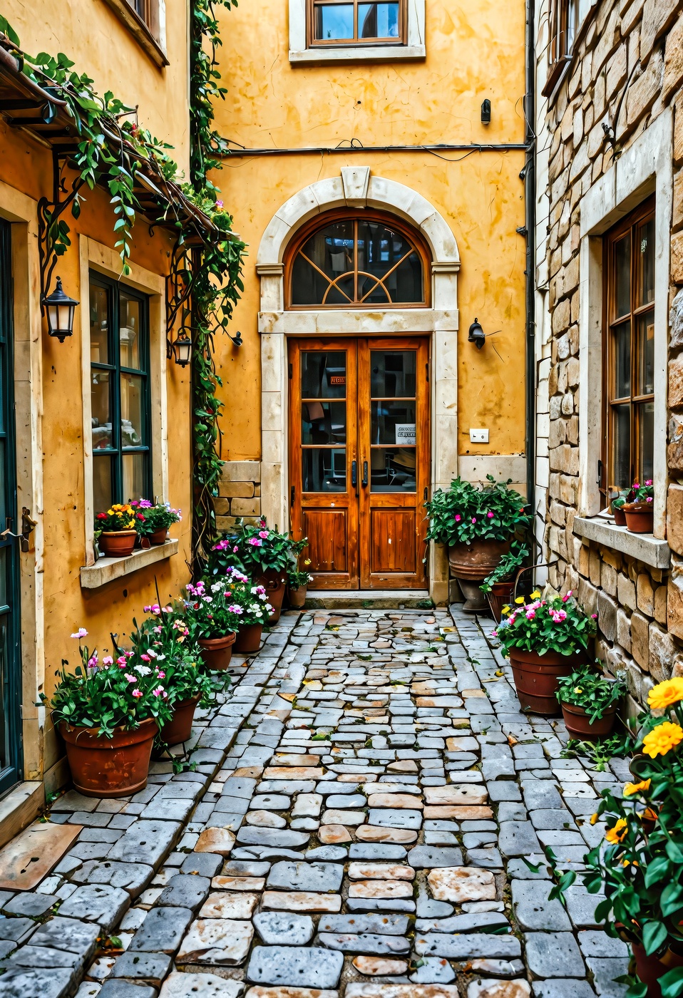 (hyperrealistic street scene),  cobblestone path,  weathered brick facades on Tensor.Art