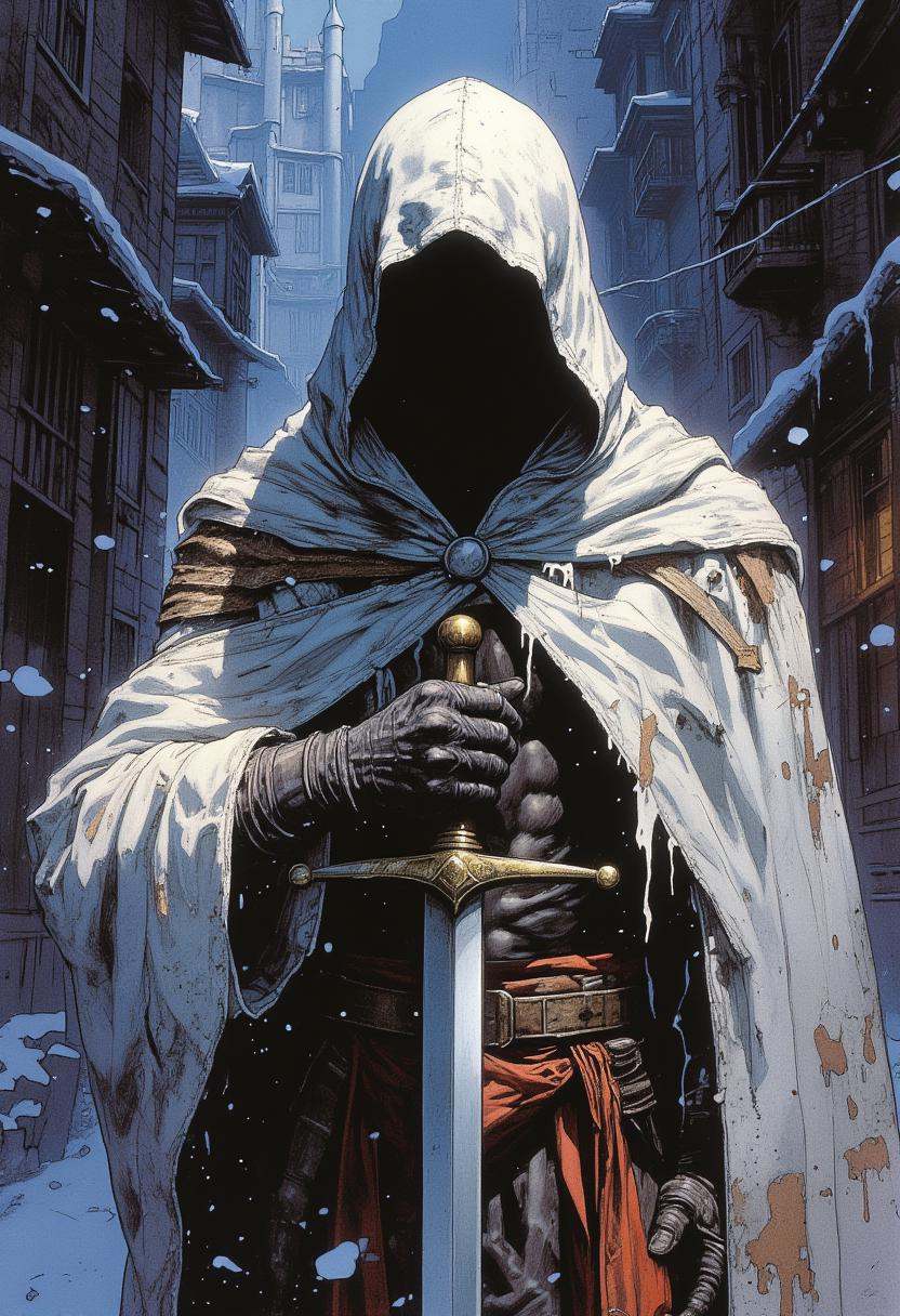 hidden face,  mysterious character draped in a tattered white cloak with a hood,  standing upright on Tensor.Art