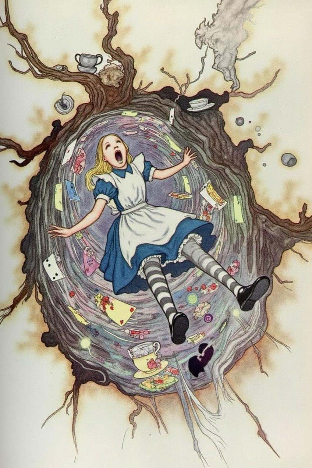 charob1 illustration.Overhead view of Alice in Wonderland falling into the rabbit hole,  with her legs dangling beneath he...