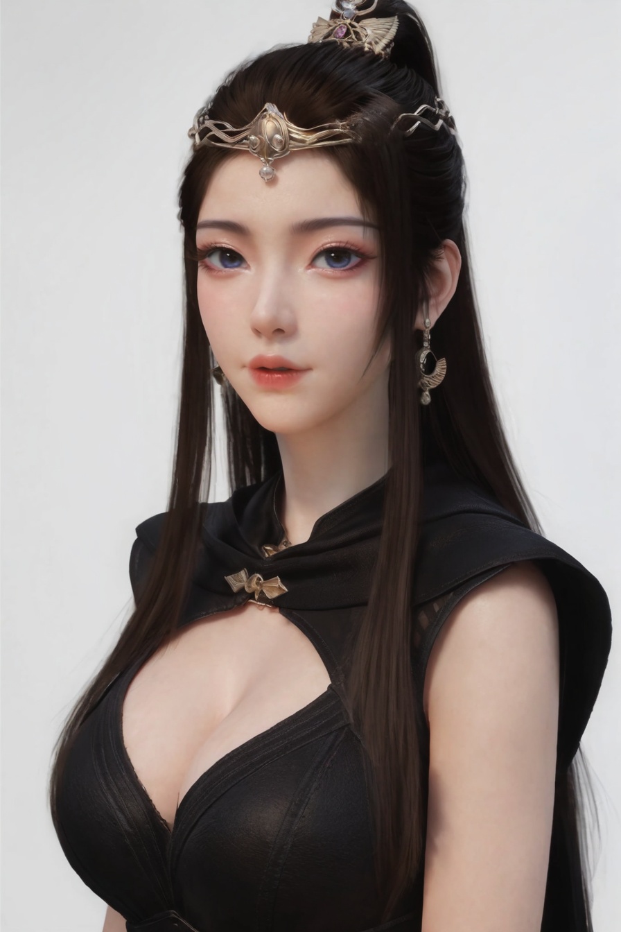 score_9,score_8_up,score_7_up,incredibly absurdres,<lora:SF_YuanYaoBlackClothes_Pony-000004:0.7>,1girl,solo,black dress,large breasts,lips,jewelry,earring,long hair,looking at viewer,white background,