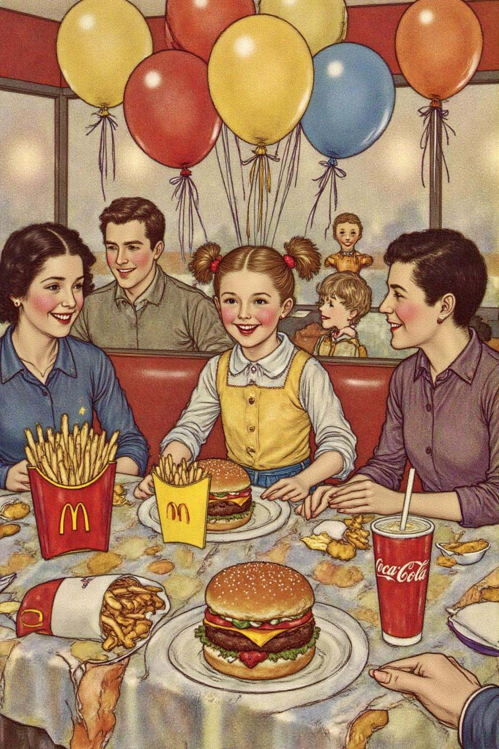 dulac1 illustration. A four-year-old girl with twin pigtails is celebrating her birthday at McDonald's,  a place that feel...