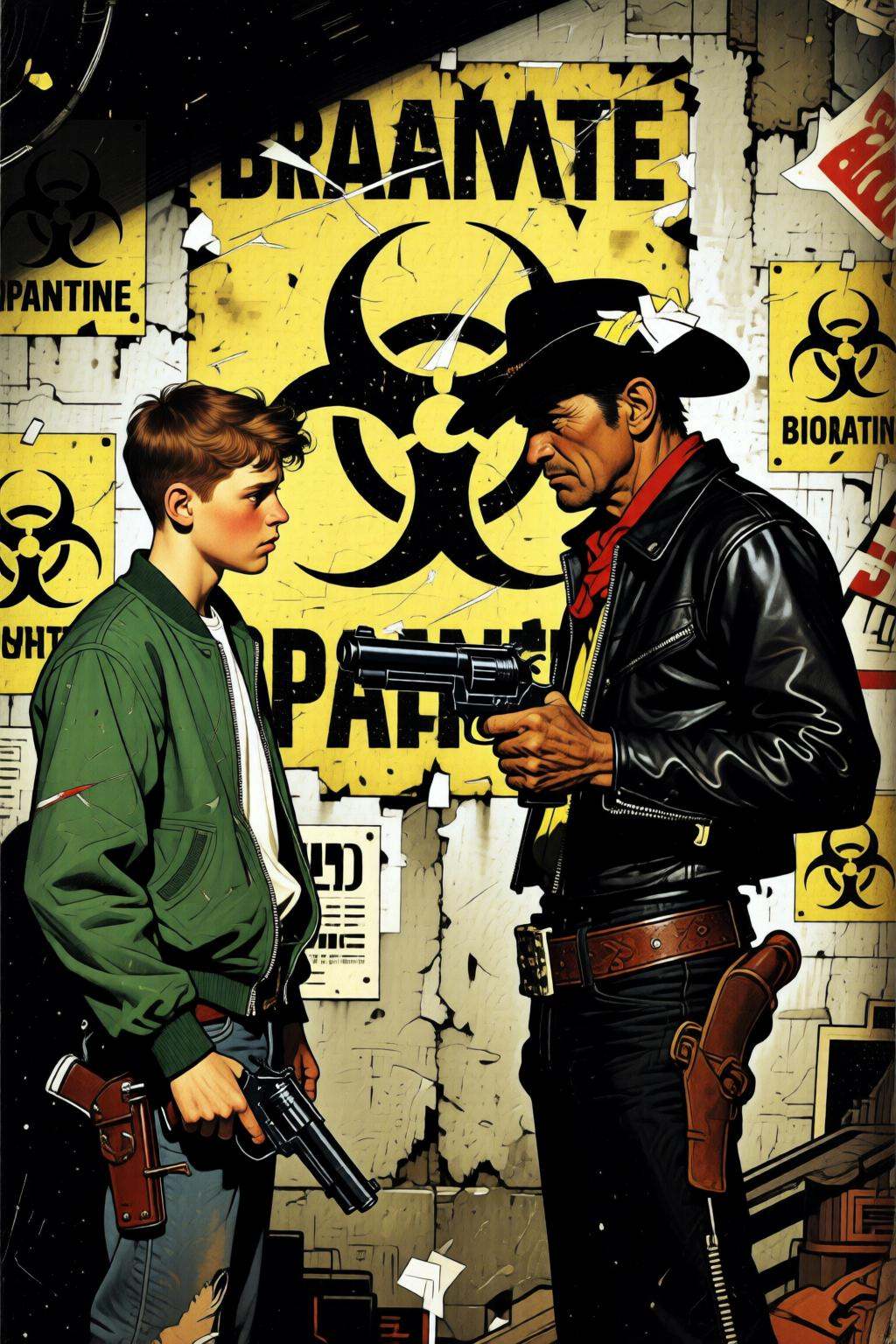 normanrockwell2q illustration. A gritty comic book illustration captures an unlikely duo in a tense standoff. Rendered wit...
