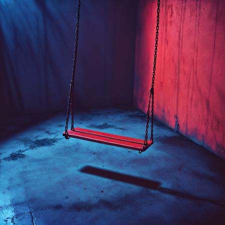 Surreal Retro Horror movie Still,  The image shows a red swing in a dark room with a red wall in the background. The swing...