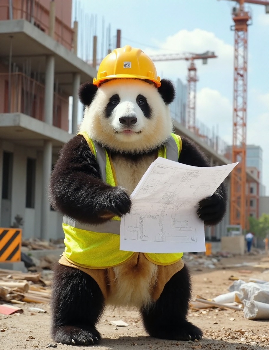 The image is a high-resolution photograph of a Naughty panda,  depicted standing on a bustling construction site. Huahua h...