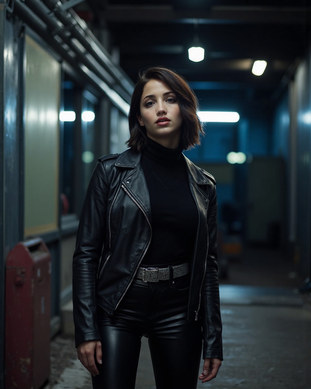 emily_rudd standing confidently in a dimly lit,  urban setting. She has fair skin,  dark brown hair styled in loose waves...