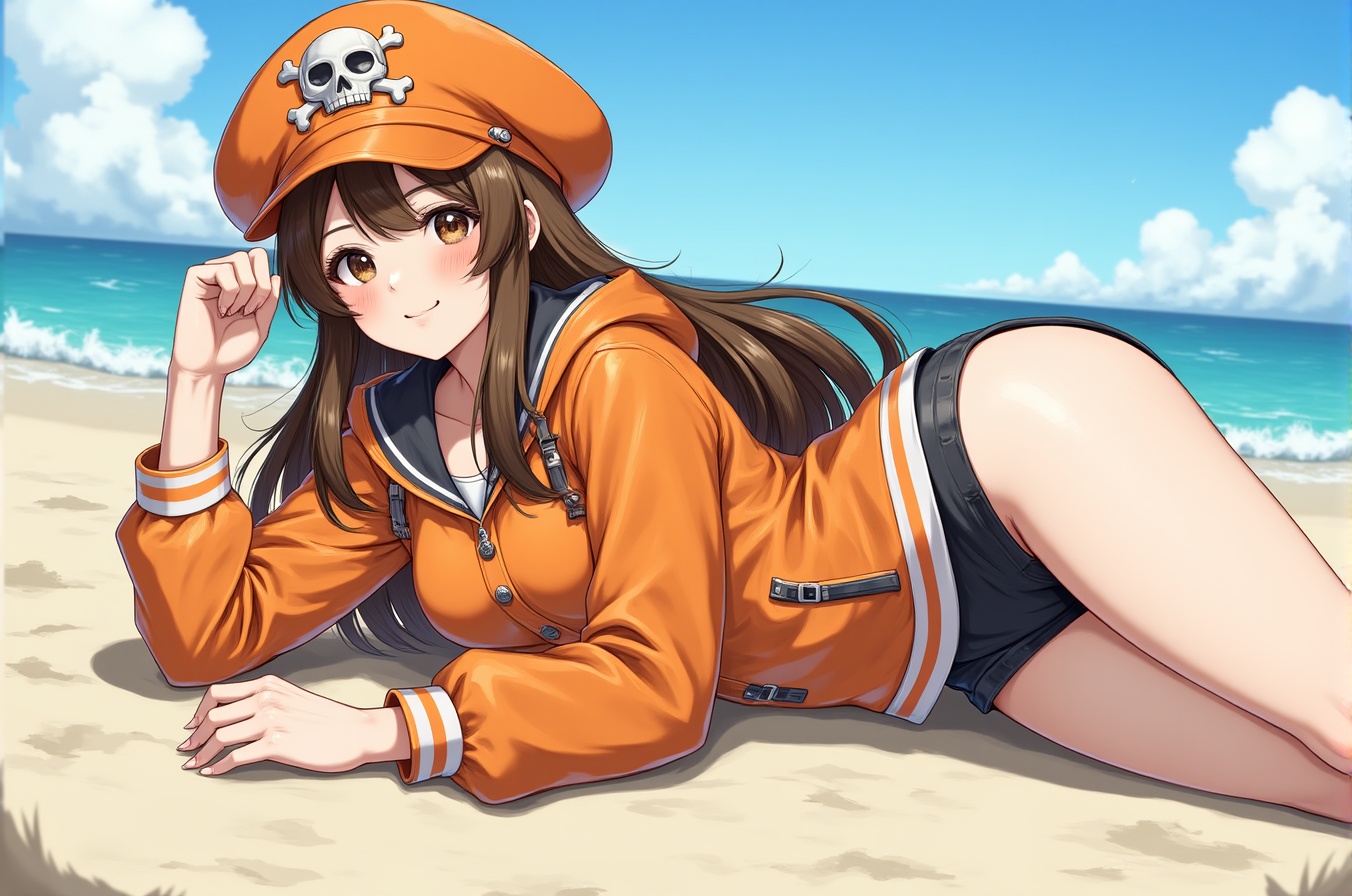 **1gas,  a girl in sunglasses sunbathing under the scorching sun on the beach,  orange jacket on Tensor.Art