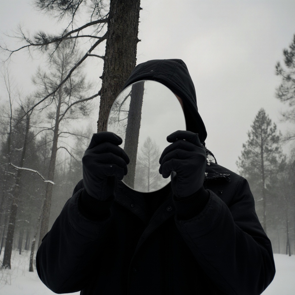 Surrealist art cinematic image of a person in deep black winter outfit holding a mirror in front of their face outdoors in...