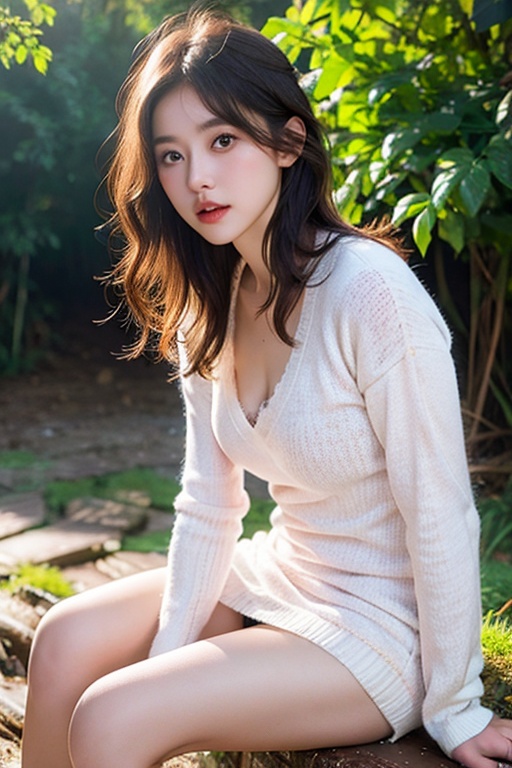 1girl,wavy hair,mud,dress,sitting,outdoor,njgirl,(masterpiece:1.2),best quality,highres,extremely detailed CG,perfect lighting,8k wallpaper,photograph,photorealistic,white sweater,pink bodysuit,blank background,Short hair,Lace Fitness,