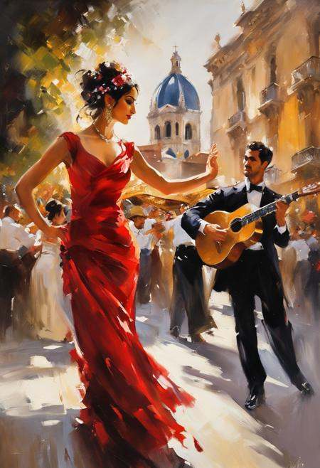 oil paining,  beautiful gypsy woman,  a flamenco dancer in red flowing dress decorated with gold on Tensor.Art